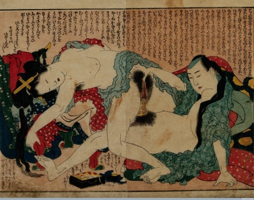 sexandbrains:  A couple engaged in sexual intercourse: the man is wearing a penis support. Colour woodcut, ca. 1830. Published: [s.n.], Edo [Tokyo] :  [ca. 1830] via Wellcome Library 