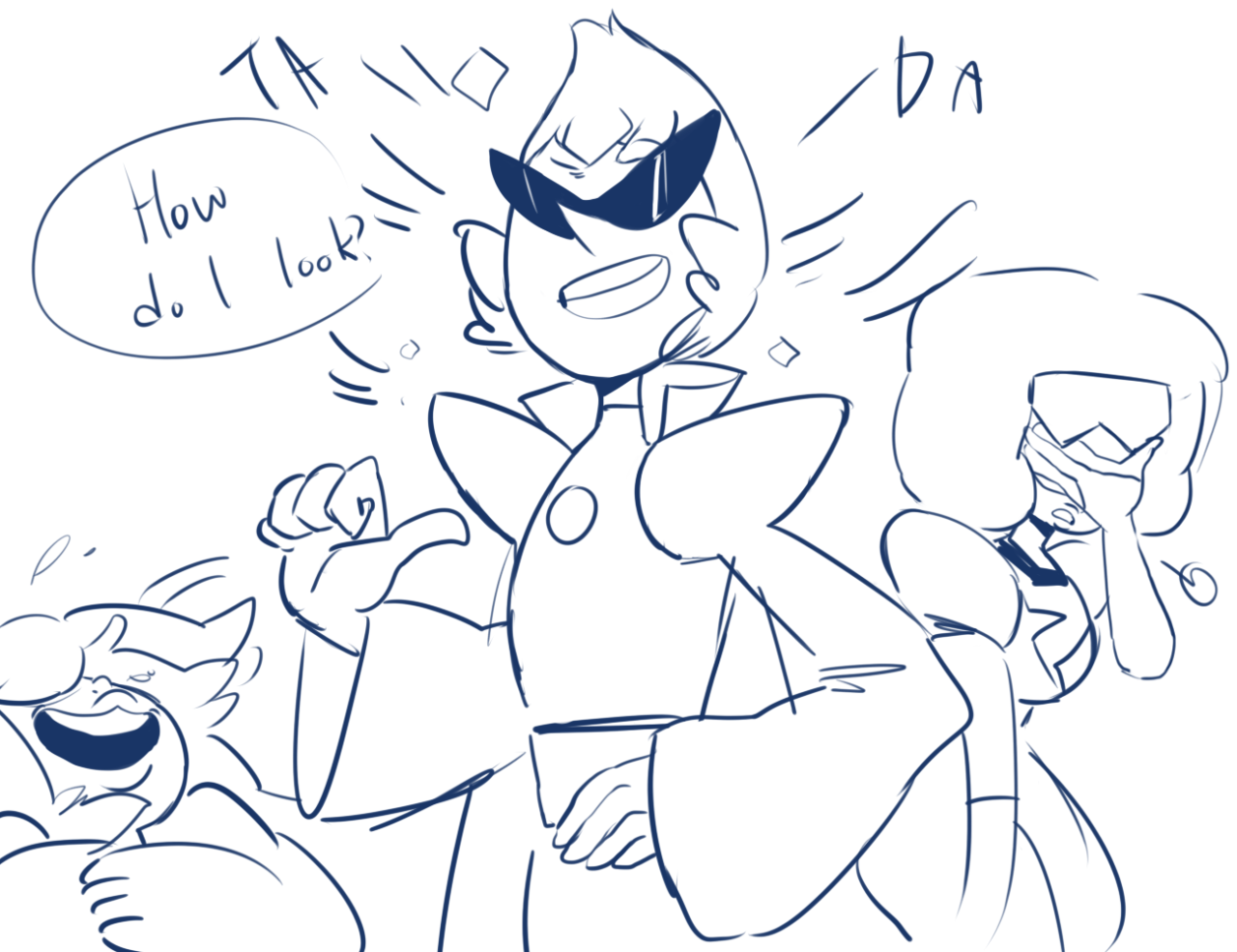 purplange:  blue pearl and yellow pearl wearing normal cloths like 