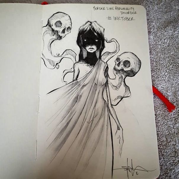 sixpenceee:  Mental illnesses or disorders sketched by Shawn Coss for Inktober. 