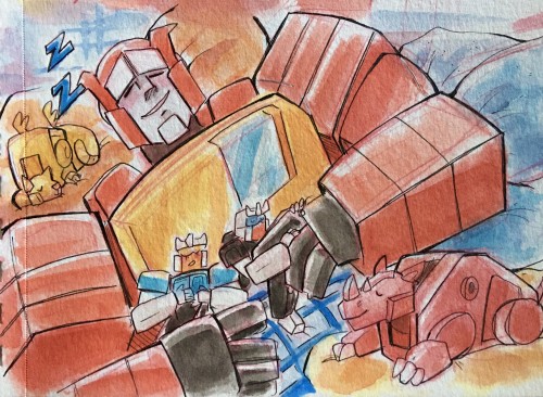 soothedcerberus:Naptime for single dads tonight… ID: Two watercolor drawings in color of Soun