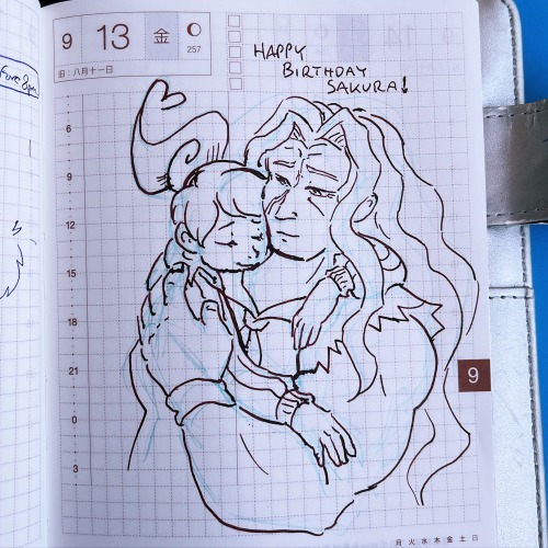 A pen drawing of Aoi Asahina hugging Sakura Ogami from behind, slightly kissing her neck. Sakura looks lovingly at her and places a hand gently on Aoi’s.
