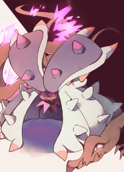 stegosaur: [Image: A digital drawing of Toxapex and Salazzle. Salazzle is crouched down behind Toxapex and looking up at it.] ♪ with a taste of poison paradise i’m addicted to you ♪  