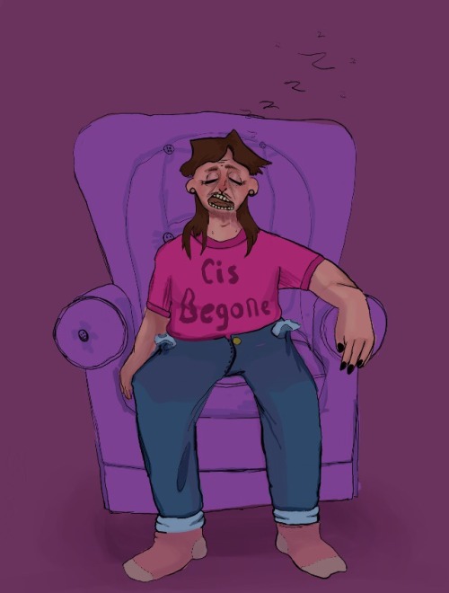 [ID: Barry Bluejeans sleeping in a big purple armchair. they have a brown mullet, ear gauges, a pink