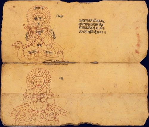 Manuscript with deityes of Planets (navagraha), NepalFolio 1 = Ketu (above) , Janma Graha (below)Fol