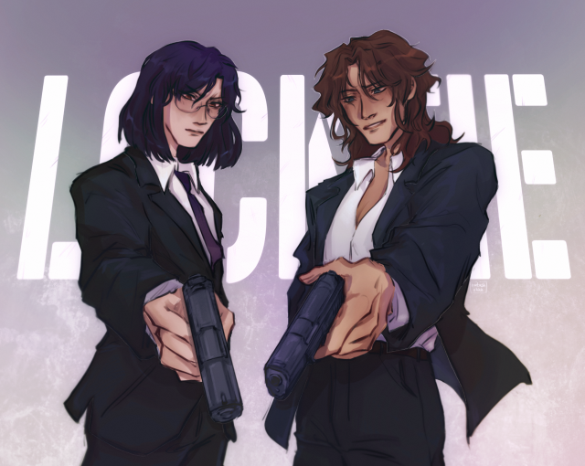 A digital drawing of tieria and Lockon from gundam 00. They're both wearing black suits and pointing guns as if they're aiming at someone on the floor. Lockon is smiling, and tieria is scowling