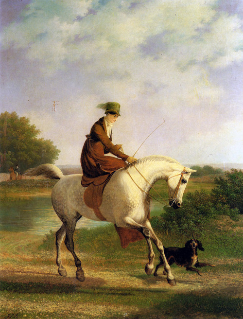 Jacques-Laurent Agasse:Emma Powles on her Grey Hunter accompanied by her spaniel in a river landscap