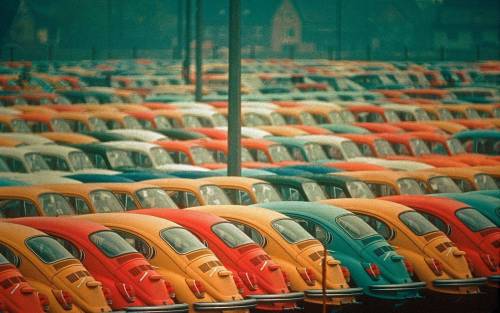 yodaprod:frenchcurious:Une sélection colorée de voitures à Wolfsburg en 1972, en attente d'exportati