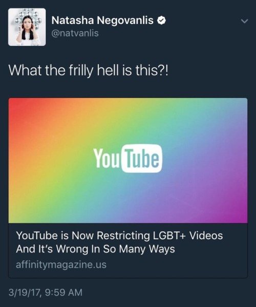 your-reference-here: fictionsonmymind:  romeo-oh-nomeo: Drag ‘em boo 👏 This is so wrong on so many levels! So you can basically find porn on YouTube, but God forbid you watch LGBTQ+ people standing next to each other, giving young people very much