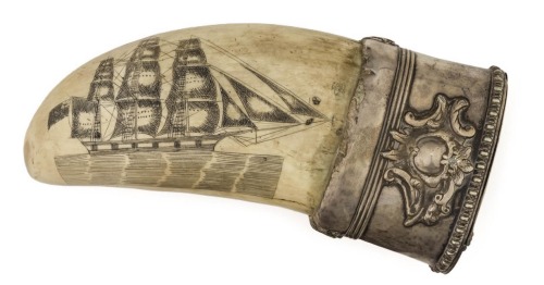 ltwilliammowett:Scrimshaw whale tooth snuff box, mid-19th Century      Base mounted to a silvered me