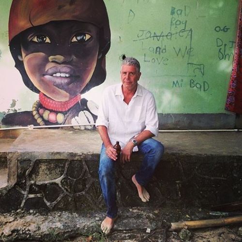 the-sweet-life-ja: Anthony Bourdain drinking a Red Stripe beer while relaxing at Hellshire Beach (Po