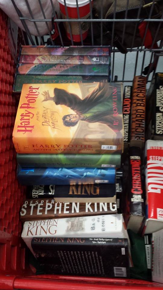 Over 20 Stephen King books and the entire Harry Potter series.God bless thrift stores