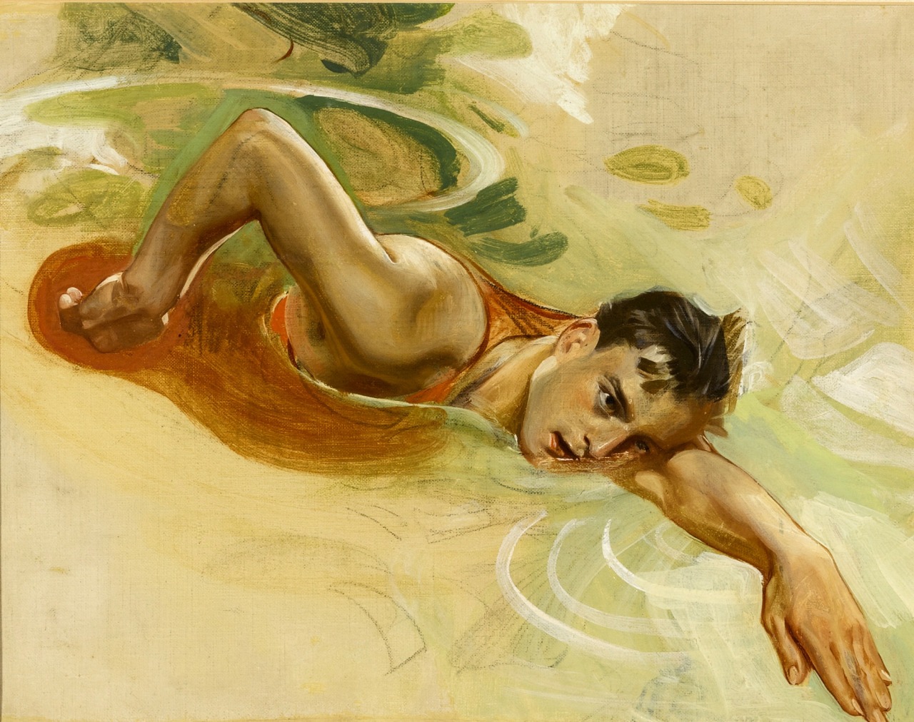 shear-in-spuh-rey-shuhn:  J.C. LEYENDECKERStudy Of A SwimmerOil on Canvas13.375″