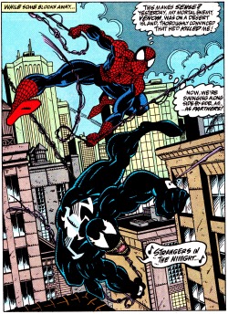 jthenr-comics-vault:  Strange Team-UpAmazing Spider-Man #363 (June 1992)Art by Mark Bagley (pencils), Randy Emberlin (inks) &amp; Bob Sharen (colors)Words by David Michelinie 