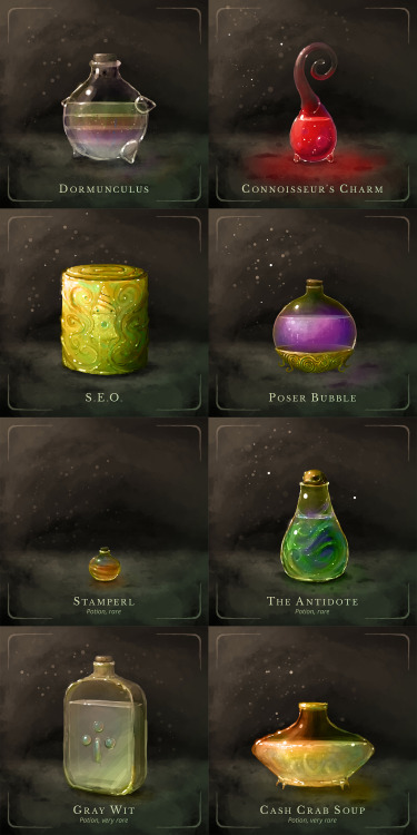 Another batch of quirky potions – their effects and visual designs are based on my monsters&rs