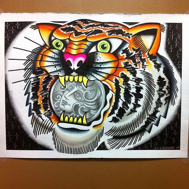 sickradsean:  Tiger head crystal ball thing. 18x24. For sale. @lucky23 #tattoos #traditional