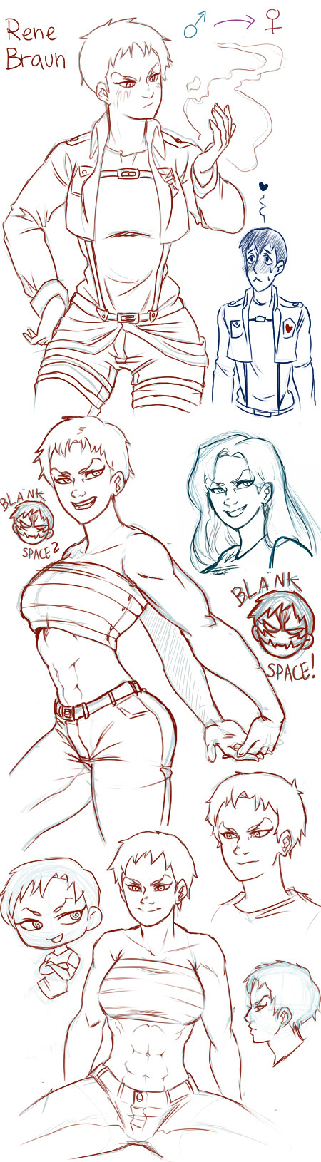 cartoonsinthemorning:  Reiner Braun’s genderswap sketches. I think the name “Rene”