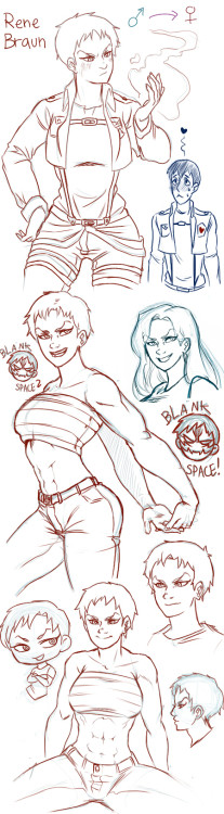 cartoonsinthemorning:  Reiner Braun’s genderswap sketches. I think the name “Rene” (short for Renate) is the one that fits her the most. There is not much difference between her and her male counterpart: she looks menacing but she’s actually everyone’s