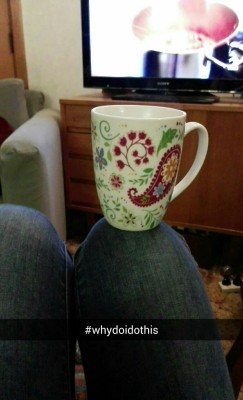 laurelgienah:  I’ve discovered that I have this odd habit of resting my hot cups on my knee, much to the distress of my Nana and auntie, who pointed it out to me. Until then I didn’t even know I did it.