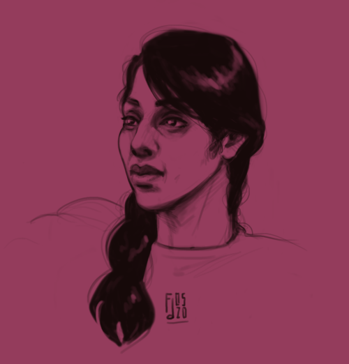 warmup Ellen because I’m having a blast writing her[ID: a sketch of Ellen Landry on a purple backgro