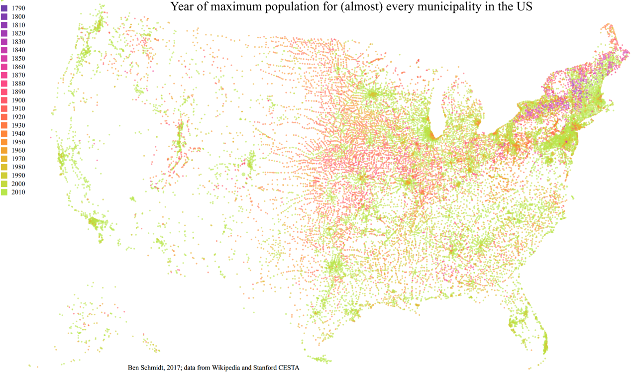 Historical US City populations
Schmidt, Benjamin. Creating Data: The Invention of Information in the nineteenth century American State. http://creatingdata.us
Data source