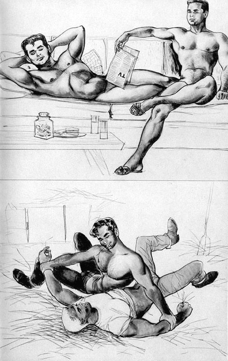 T. V. Bachelors (top) and May Antics (lower) - illustrations by Art Bob for a vintage ‘physiqu