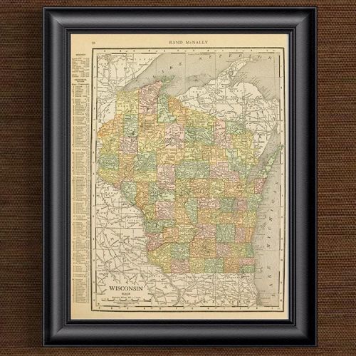 Original map of #Wisconsin from 1915 in muted pastel colors on heavy, thick, quality paper. Consider