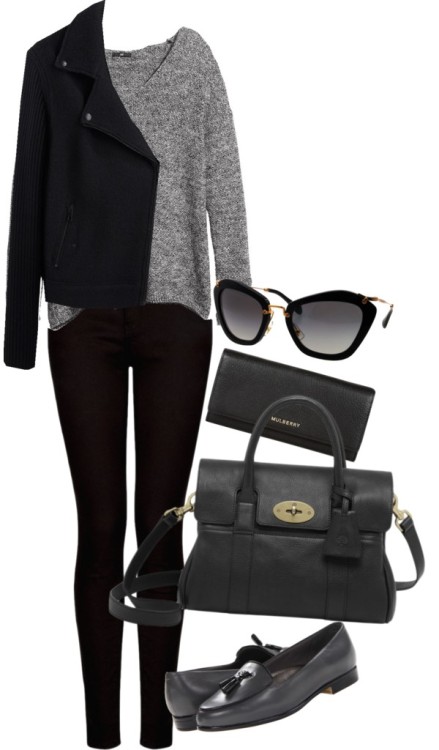 kayyscloset:  #445 by kayminn featuring Rag & BoneH&M v neck sweater, ว / Rag & Bone jacket / Mango black slim fit jeans / Trotters vegan footwear / Mulberry crossbody handbag / Mulberry real leather wallet, 蹎 / Miu Miu lens glasses 