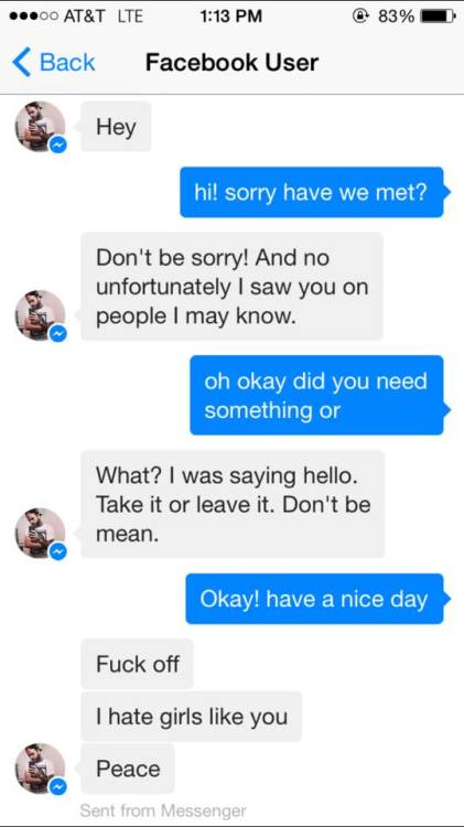 canfy:  onefitmodel:  fformlessness:  genuinely the scariest person i’ve ever come across!!!! the first message was one from where he messaged me yesterdaythe last message exchange was from another girl who posted her interaction with him, and after