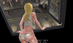 Busty blonde waking up to find out the zombie apocalypse has happened in a still image from the animated  hentai   side scrolling sex game Parasite in the City.