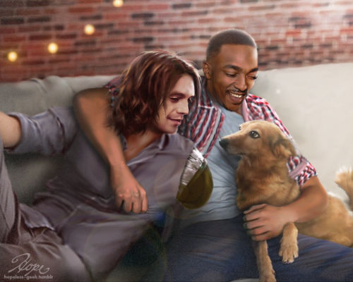 hopelessartgeek:Got commissioned by @why-the-f-am-i-like-this to do Sam and Bucky with her pup! isn’