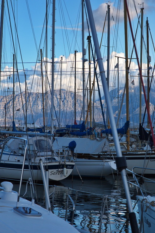 Sea borne.View of the marina of Agios Nikolaos, Crete 2018.