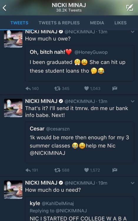 thefrogsapothecary:shantell:a-resfeber:Nicki actually out here paying peoples loans/tuitionThis is w