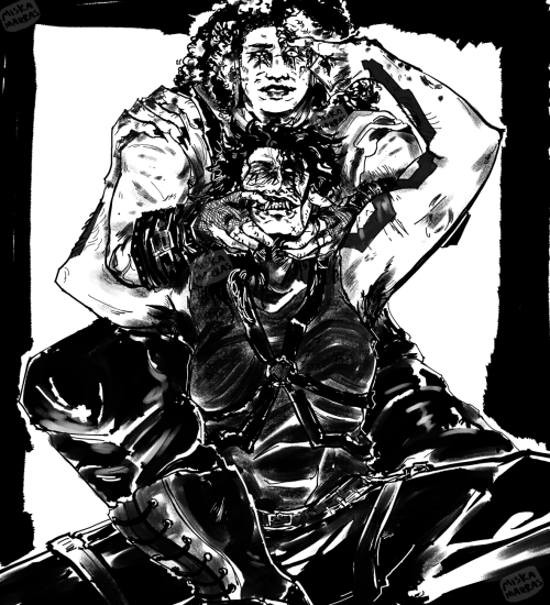 A black and white illustration of two original characters, Damir and Endre, posed like an old gay magazine cover. Damir sits on something behind Endre and pulls at the corners of his mouth to reveal his teeth, and Endre sits on the floor infront of Damir and pulls up one of his eyelids, arm bent back. They're tangled.