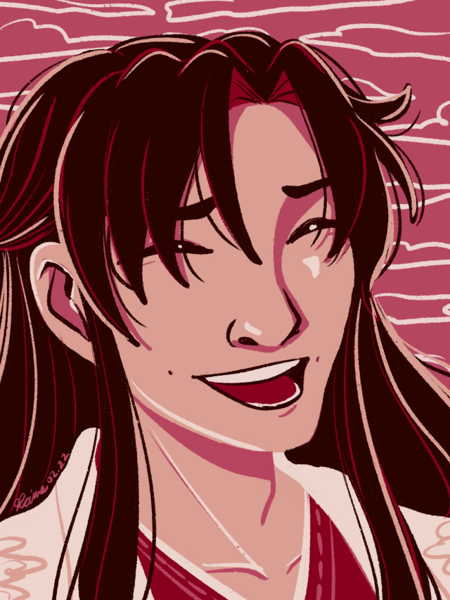 Wei Wuxian draw from the shoulders up. He's smiling widely with his eyes closed and his hair mostly down. He wears a pale robe with cloud embroidery over a red inner robe.