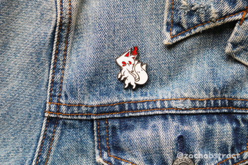 This just in! The Kitsune now comes in pin flavor! He can tag along on all your adventures whether i