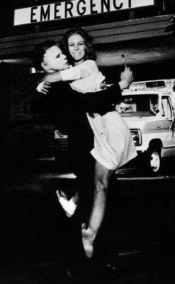 horrorcreepster:  Michael Myers sharing a hug with Jamie Lee Curtis on the set of Halloween (1978)