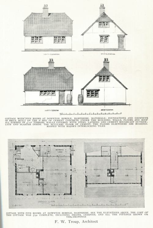 vintagehomeplans:United Kingdom, 1906: Cottage with Five RoomsA three-bedroom cottage centered on th