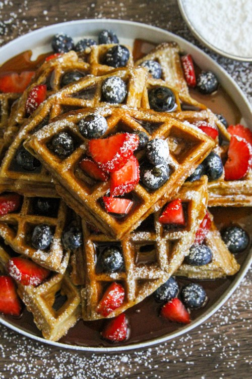 fullcravings:Brown Sugar Cornmeal Waffles with Sweet Tea Maple Syrup