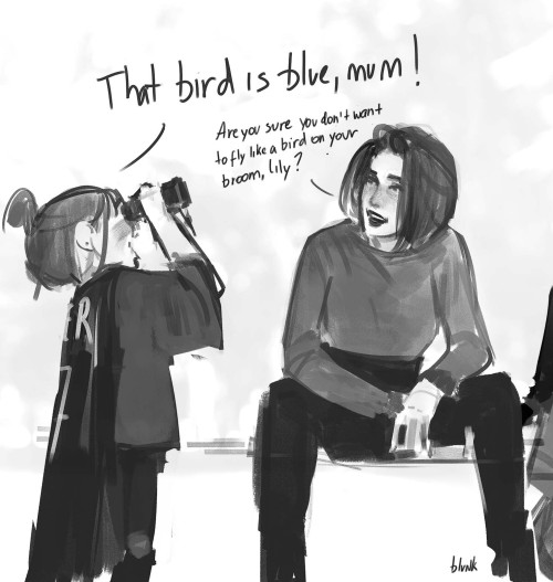 blvnk-art:

They say the key is balance. Ginny really tries but there isn’t any when it comes to Quidditch in the family.-Lily L: That bird is blue, mum!Ginny: Are you sure you don’t want to fly like a bird on your broom, Lily?Lily L: Not now!Ginny: So you’re telling me that you want to be a seeker and not a chaser because a seeker “just stand there” and in the end they get all the glory.James S: Posture. Concentration. I’m going to throw this faster than my mother.Ginny: Don’t take it too seriously, you’re too young and it’s physically impossible now. - I played professionally for years as a Chaser and sometimes it is hard to NOT agree with what you just said, Al.Lily L: Blue is super RARE in the nature!!!Al:- 