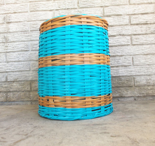 Vintage Wicker Basket Table Garbage Can Laundry Hamper Reversible Aqua & Natural Shabby Chic Atomic Color Side Table End or Night stand - MakingMidCenturyMod