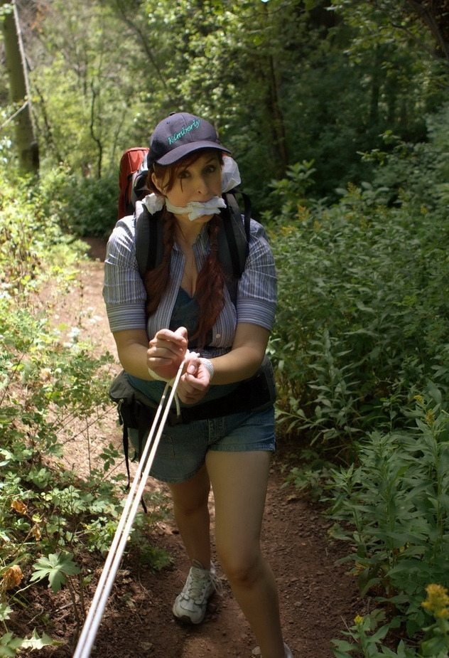 nowheretohide14:  I love the “helpless bound and gagged female hiker in the woods”