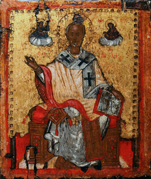 Greek icon of enthroned Saint Nicholas the Wonderworker and Archbishop of Myra in Lycia…