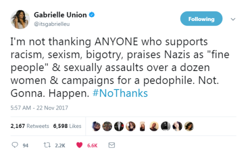 “I&rsquo;m not thanking ANYONE who supports racism, sexism, bigotry, praises Nazis as &