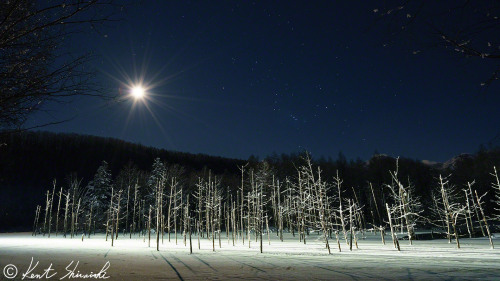 ”Moon,Orion & Pond”
Biei in Hokkaido,Japan.
This pond is a very famous “blue pond”, but it is already covered with snow. When I take pictures of “Moon”, I will take the same way as the sun and moon.
Kent Shiraishi