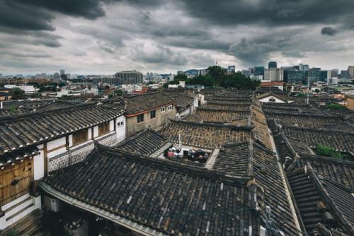 Stormy skies above Bukchon Hanok Village.