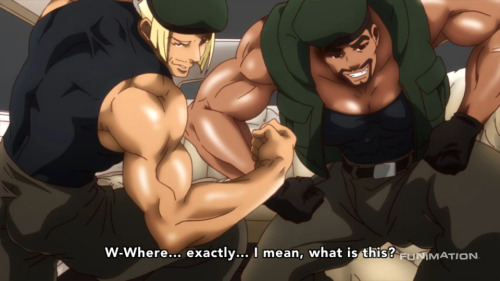 rule181:  The gay, buff guys from the first episode of Shomin Sample.If FUNimation puts this show on YouTube, I am going to make so many gifs. *sigh* Well, I am going to have to watch this entire show now just because of these guys. The show actually