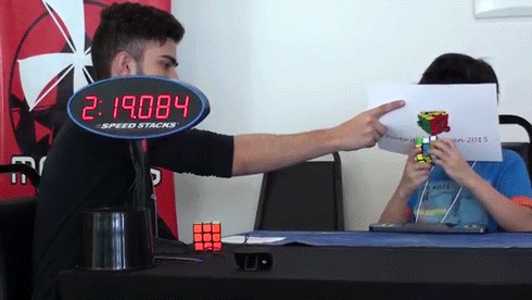 GIF of a child solving a Rubik's Cube without looking