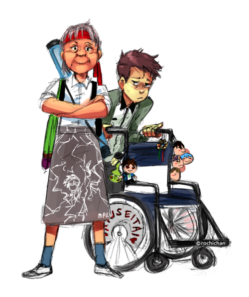 rochichan:  i’m thinking of revisiting this idea again but these are my ocs, a grandma who’s still a highly devoted otaku who forces her normie grandson to attend weeb events with her