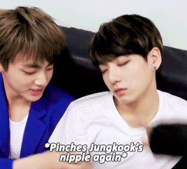 daesbulge:Kim Seokjin having too much fun with a sleeping Kookie…