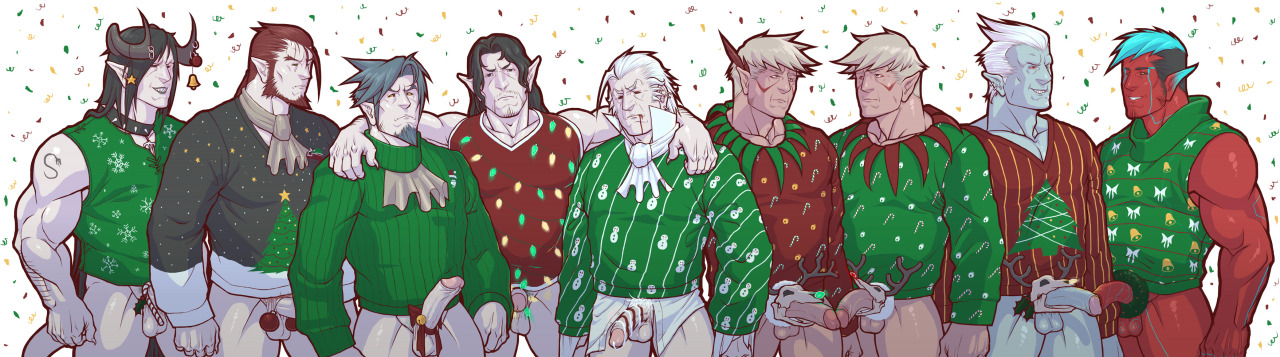 unafkennyart:  schwarzeralptraum:More ugly Christmas sweaters. Three characters belong